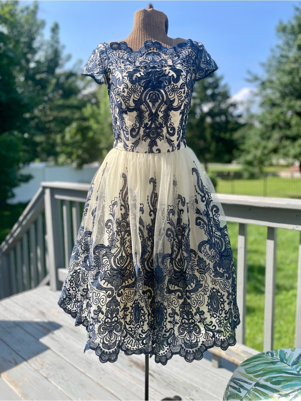 Chi Chi London Navy and Cream Lace Appliqué Midi Dress